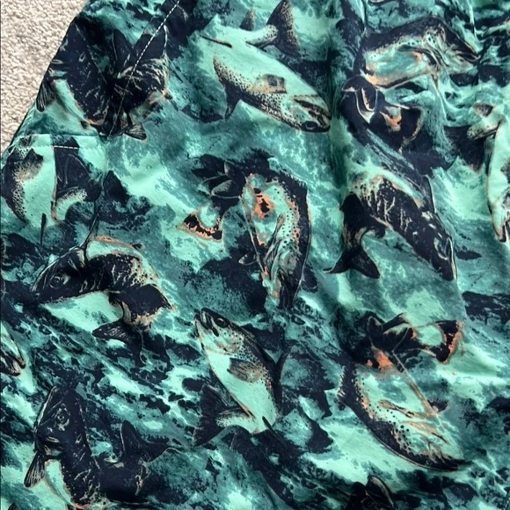Columbia PFG Swim Trunks Large Green Fish Print Performance Fishing Gear 6in L‎